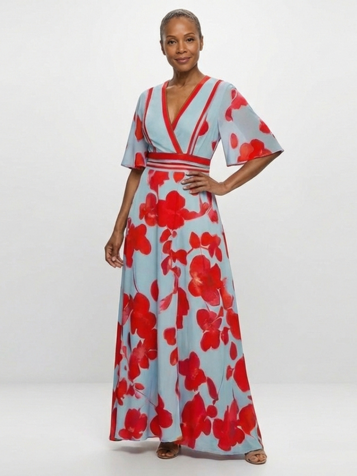 Corinne | Maxi Dress with Floral Print, V-Neck, and Short Sleeves