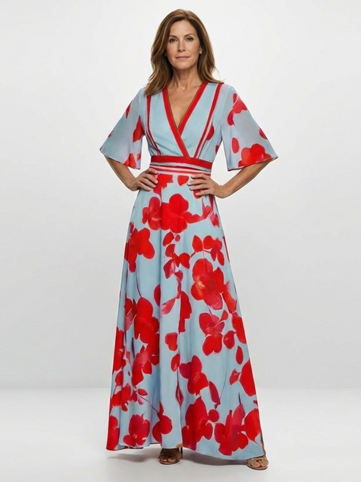 Corinne | Maxi Dress with Floral Print, V-Neck, and Short Sleeves