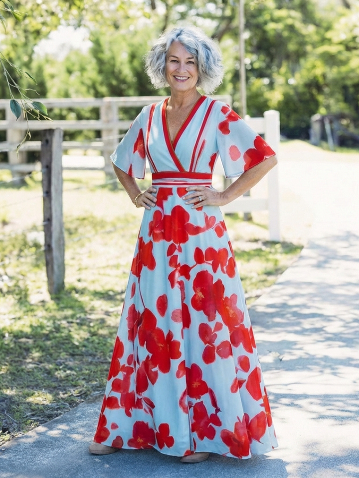 Corinne | Maxi Dress with Floral Print, V-Neck, and Short Sleeves