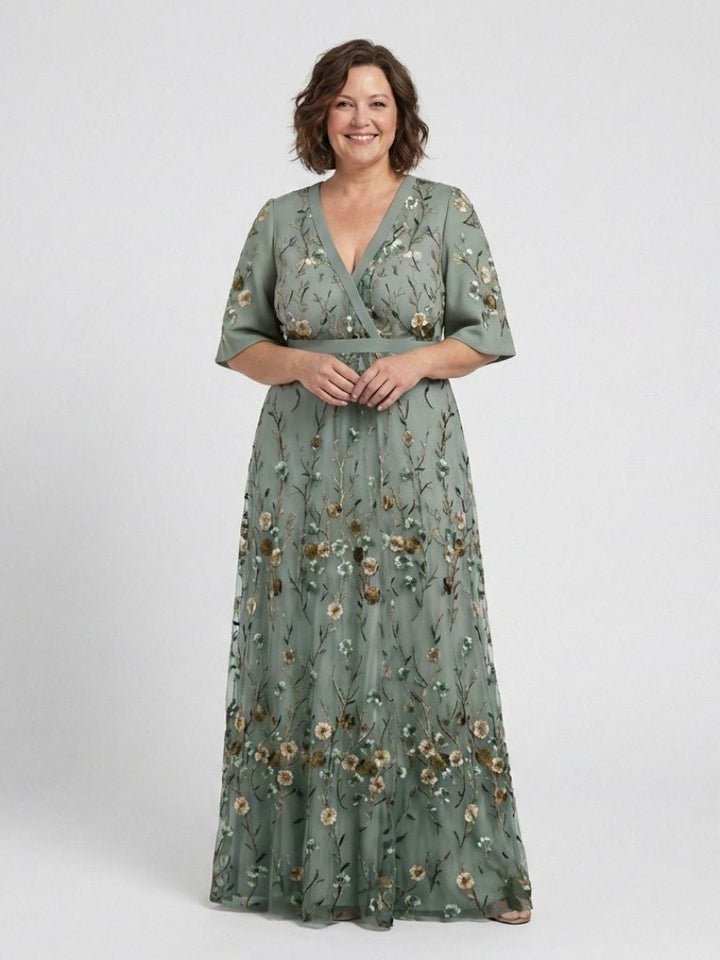 Evadne | Maxi Abito a V con Fiori e Maniche Corte