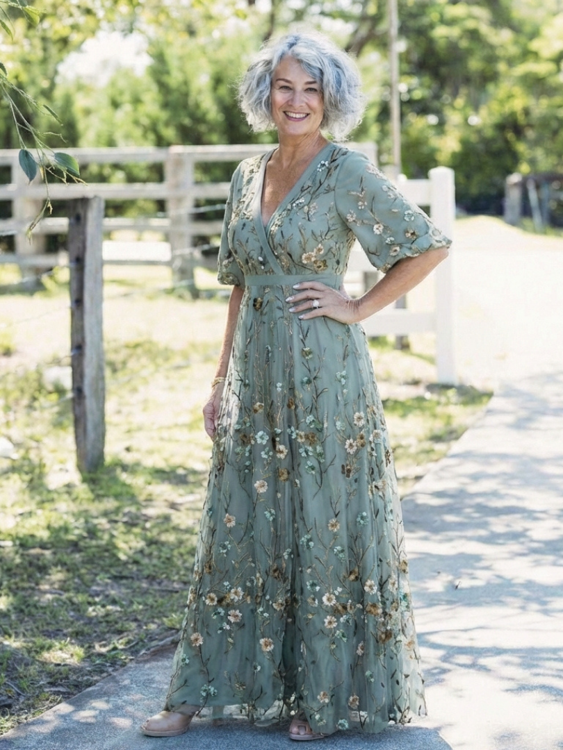 Evadne | Maxi Abito a V con Fiori e Maniche Corte