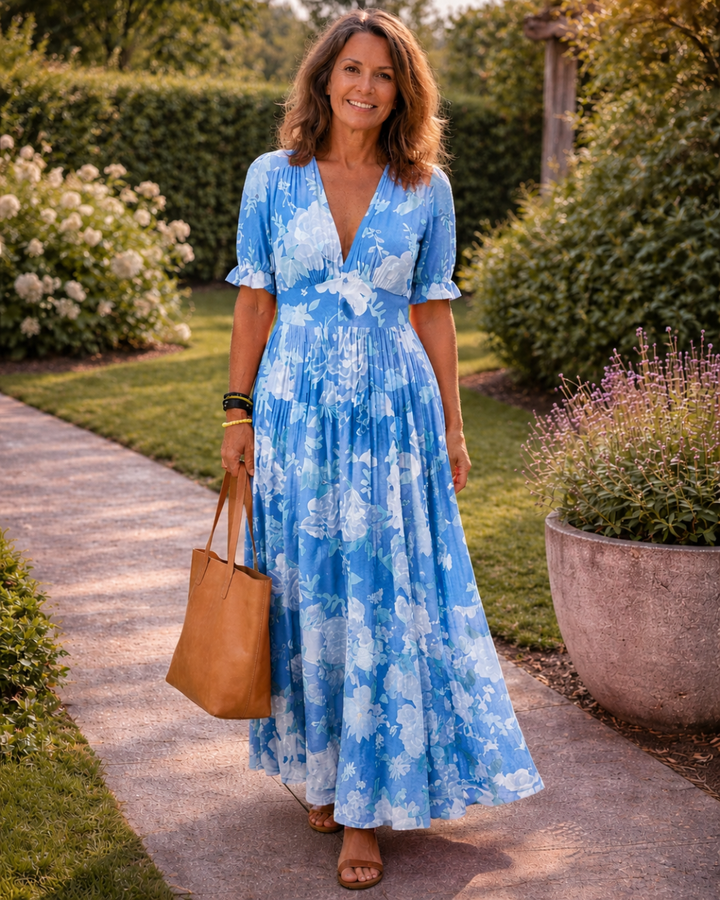 Ione | Abito Midi V-Neck con Maniche Corte e Stampa Floreale